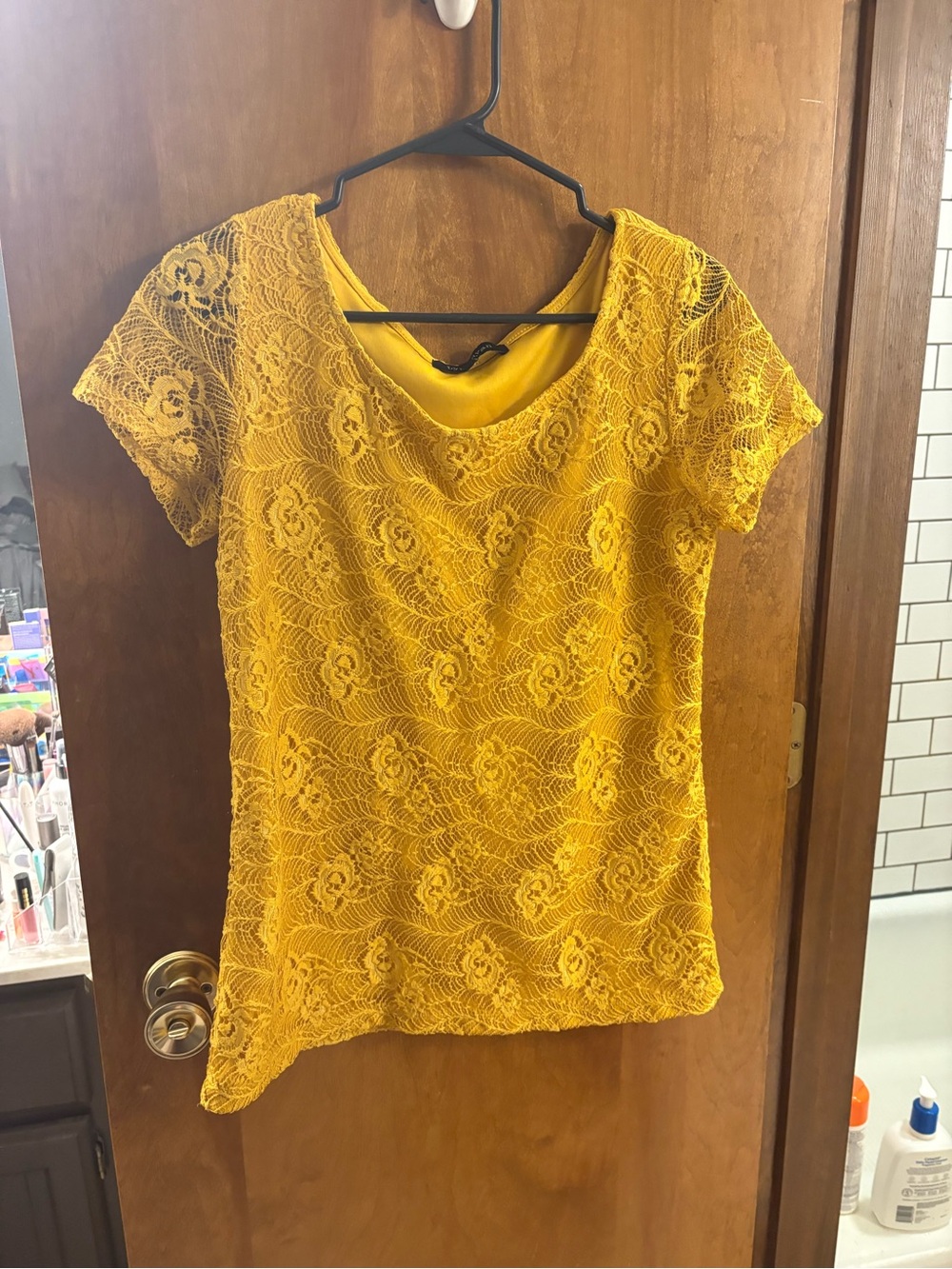 Lace Overlay Scoop Neck Short Sleeve Top in Mustard Yellow